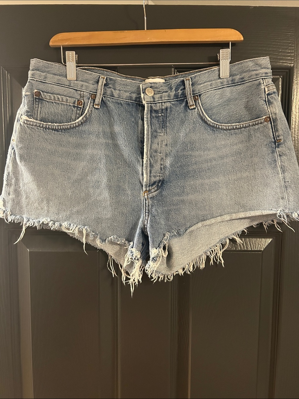 Agolde Light Blue Distressed Denim Cutoff Shorts